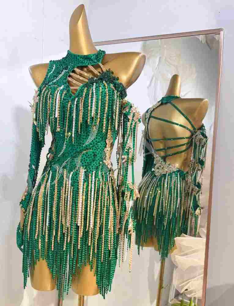 Custom Size Women's Green Gold Latin Dance Dress Salsa Rumba Bling Fringe Slant Neck