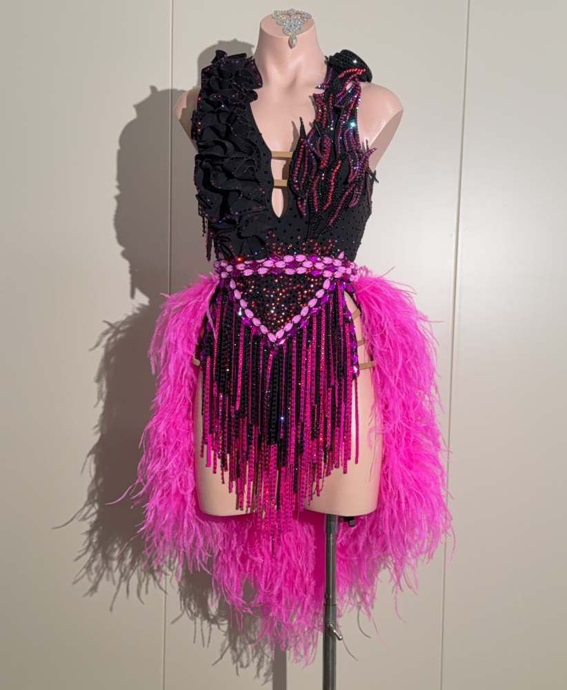 Custom Black & Hot Pink Latin Dance Dress with Feathers and Rhinestone Fringe