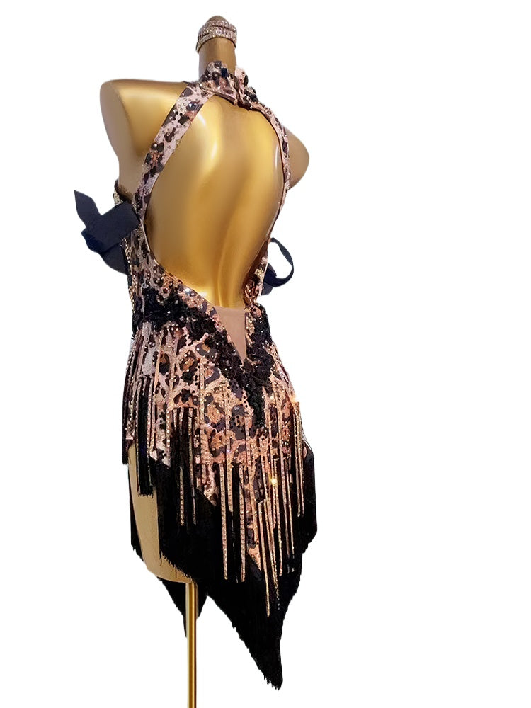 Custom Size Leopard Competition Latin Dance Dresses for Women Diamond Salsa Rumba Chacha Performance Costumes - Moderndancedress.com