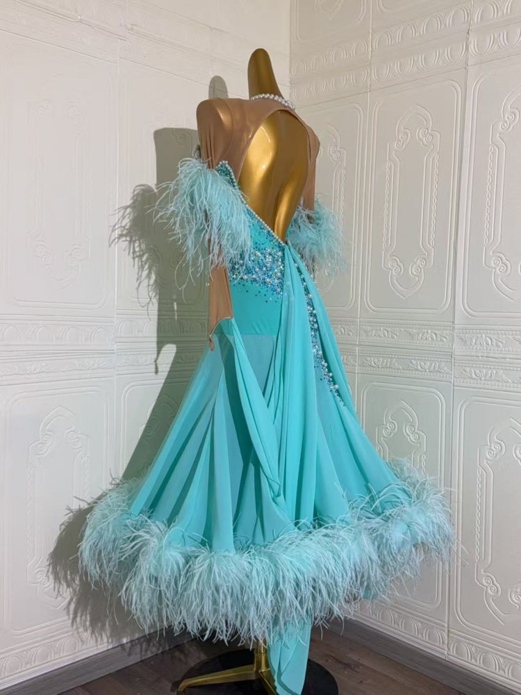 Custom Size Turquoise Competition Ballroom Dance Dress Crystal Beaded Waltz Tango Smooth Dance Gown