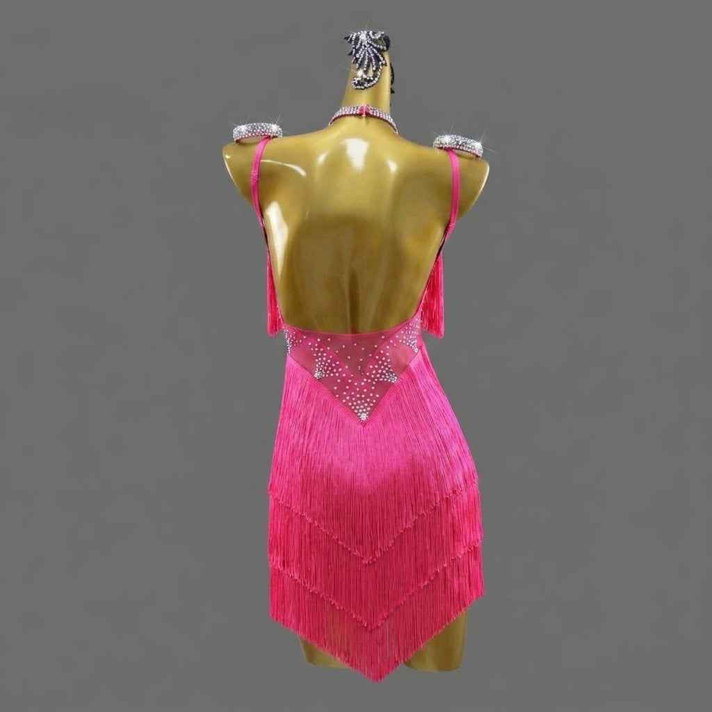 Custom Size Fuchsia Fringe Latin Dance Dress with Spaghetti Straps