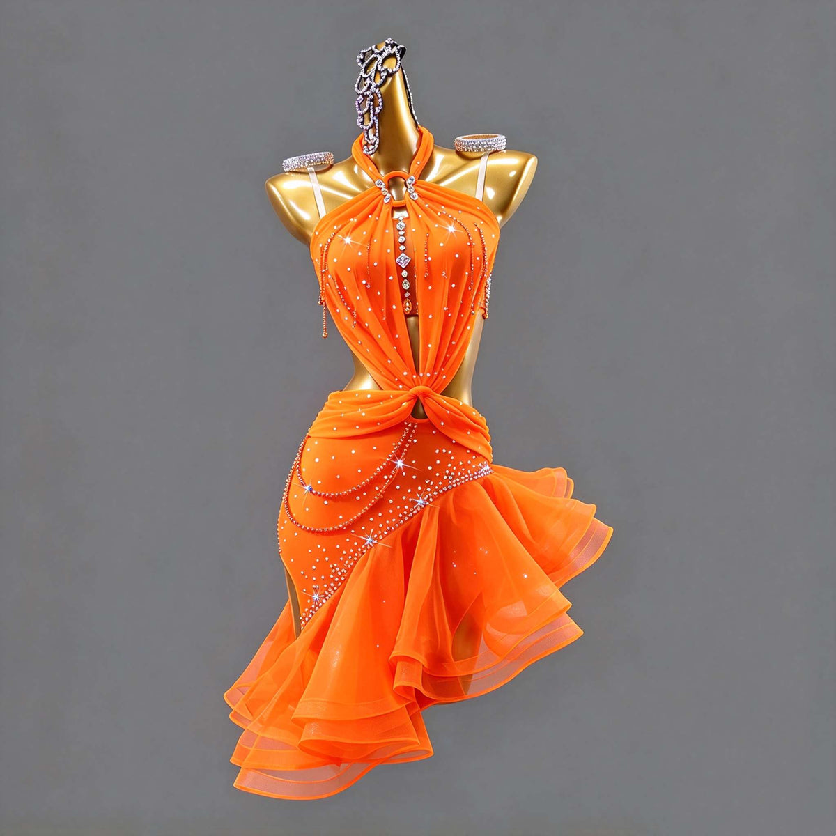 Custom Sparkly Orange Halter Latin Rhythm Dress Crystal Latin Salsa Dance Costume