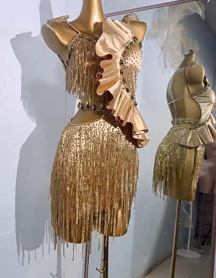 Custom Size Gold Fringe Competition Latin Dance Dresses for Women Girls Salsa Rumba Chacha Performance Costumes