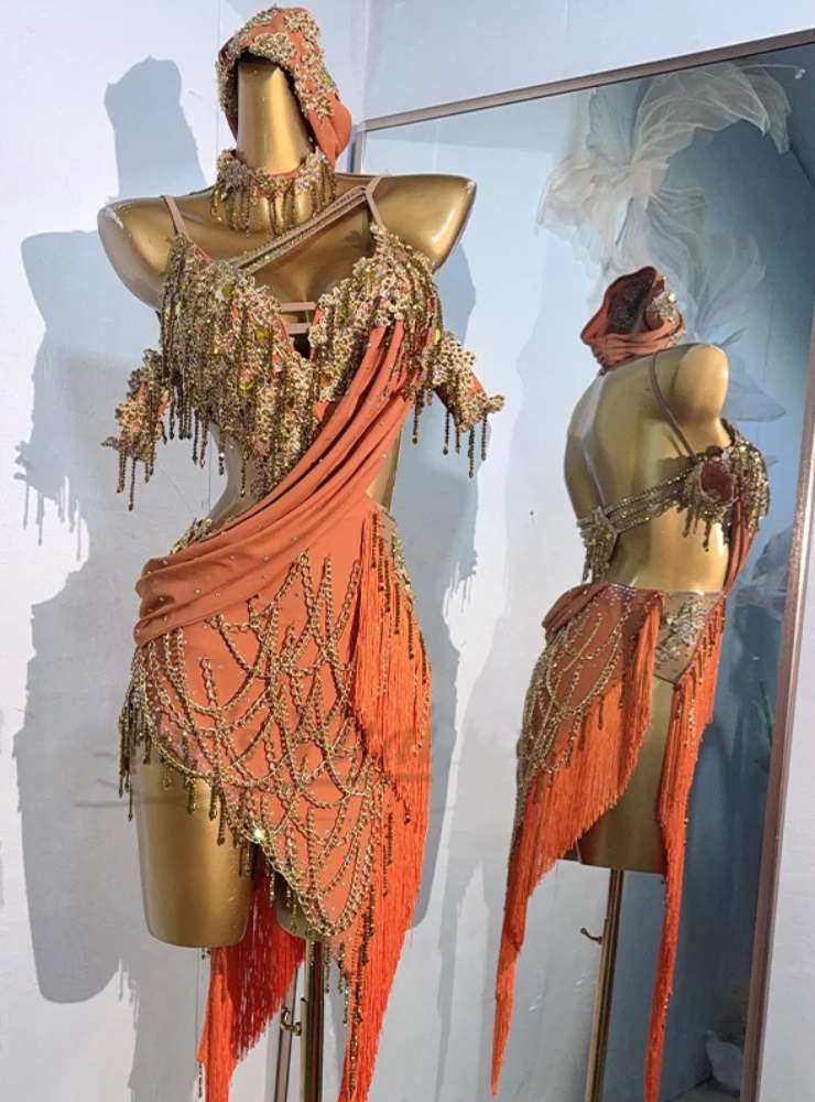 Custom Size Dark Green Red Gold Stones Competition Latin Dance Dresses Salsa Rumba Chacha Dance Wear for Women - Moderndancedress.com
