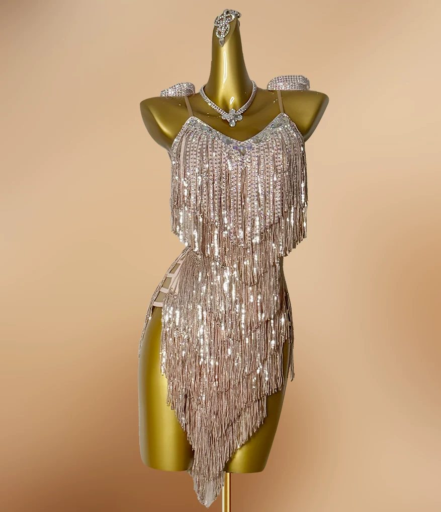 Custom Blue & Purple Sequin Latin Dance Dress Rhinestone Salsa Gown