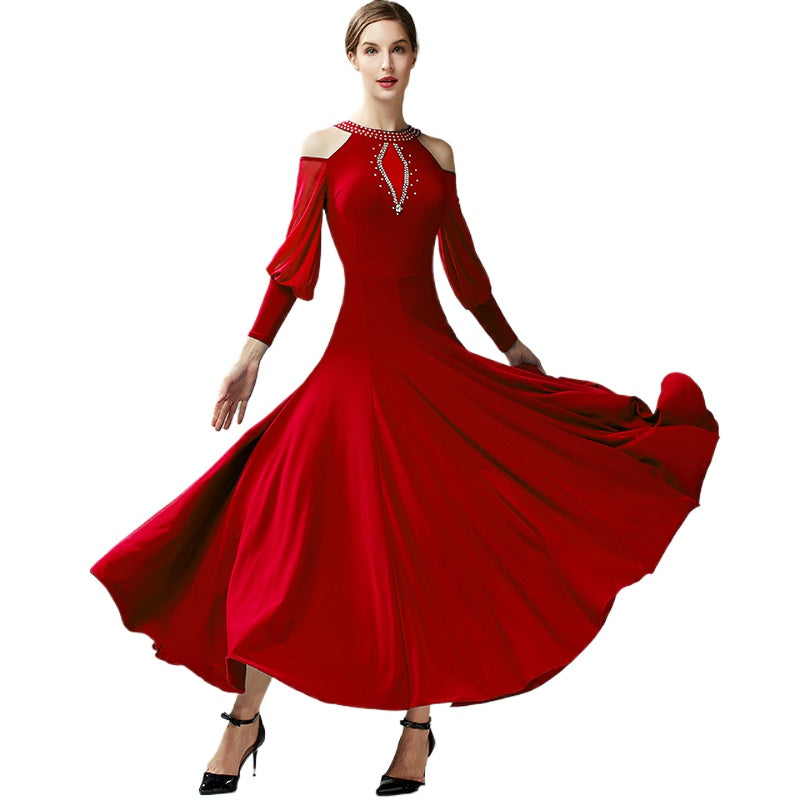 Mint Black Hollow Shoulder Ballroom Dance Dresses for Women Girls Waltz Tango Smooth Dance Long Gown - Moderndancedress.com