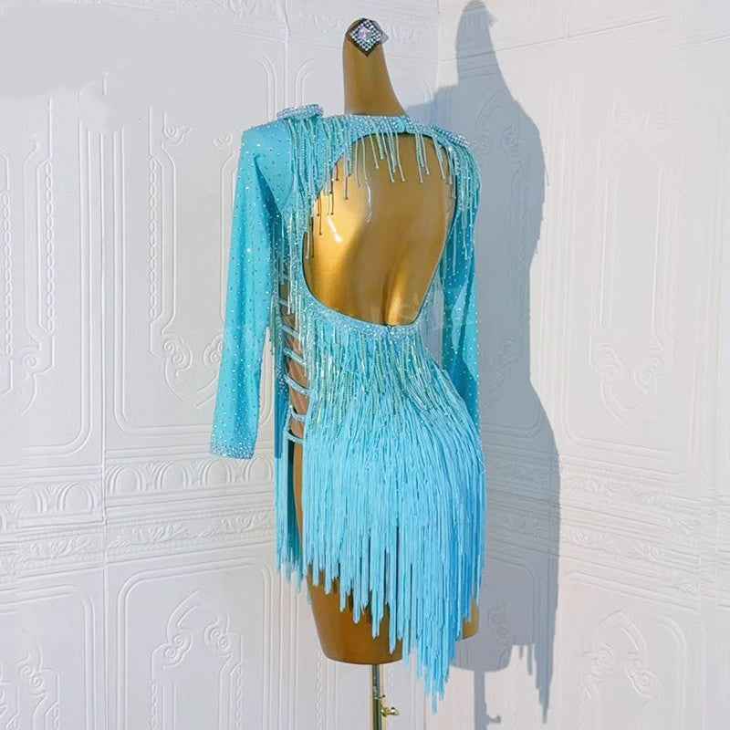 Custom Size Latin Dance Dresses Turquoise Bling Fringe Competition Blackpool Latin Salsa Competition Costumes