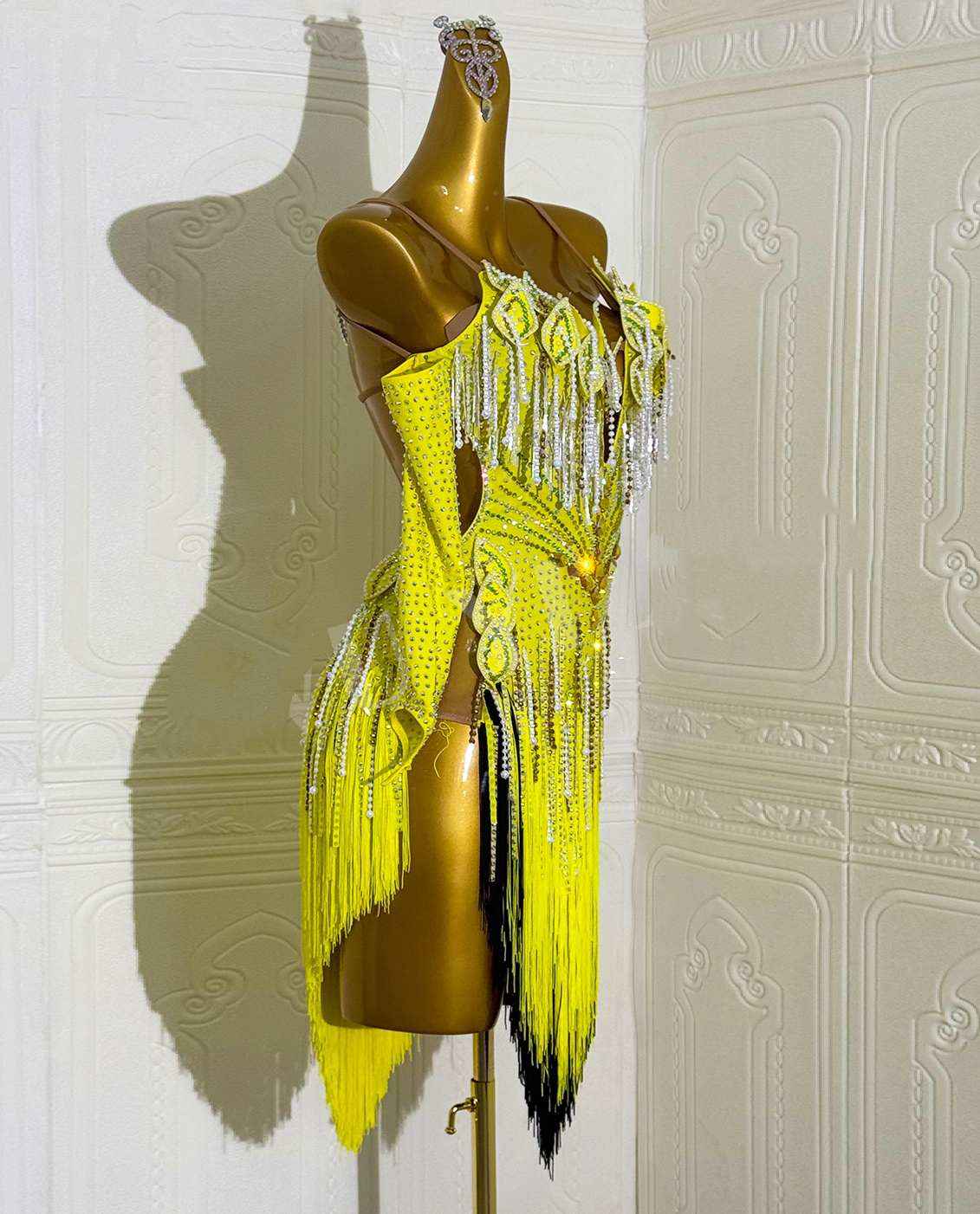 Custom Size Wome's Yellow Latin Dance Dresses Petals Fringe Bling Salsa Costumes