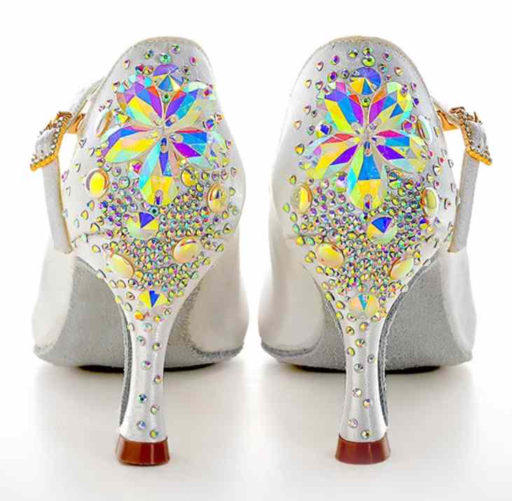 Sparkling Ballroom Latin Dance Shoes for Women Girls White Skin Color Indoor Soft Sole Satin High Heel Adult Waltz Competition Professional Dance Shoes - Moderndancedress.com