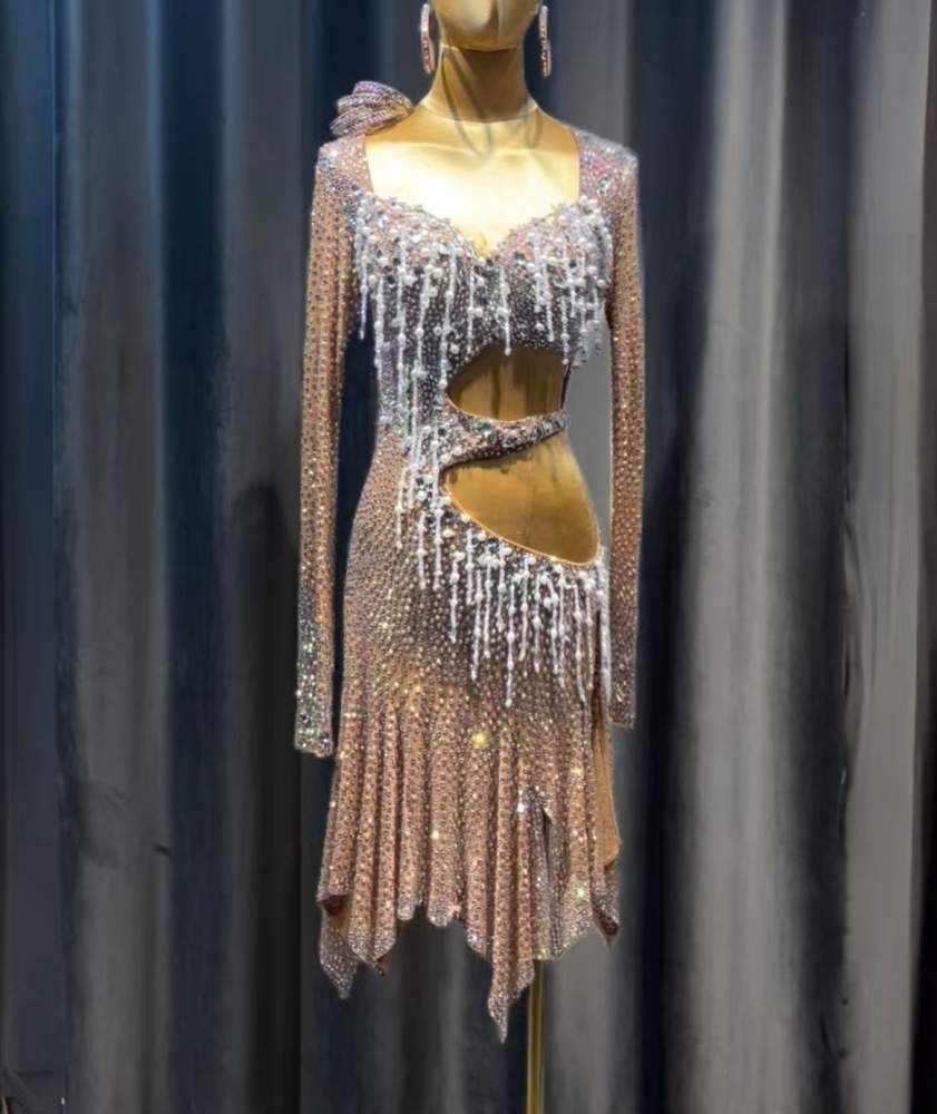 Custom Flesh Competition Rhinestone Latin Dance Dress Sparkly Fringe Competition Gown