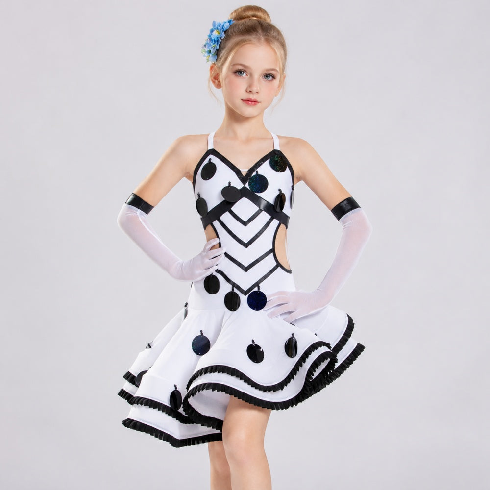 White Polka Dot Latin Dance Dress for Girls | Ruffle Ballroom Dance Costume with Gloves
