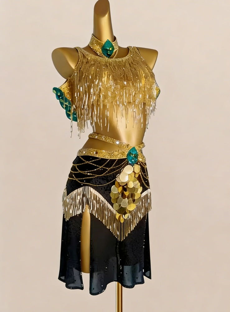 Custom Gold Fringe Latin Dance Dress, Sequin Women's Samba Rumba Cha Cha Performance Rhythm Dancewear