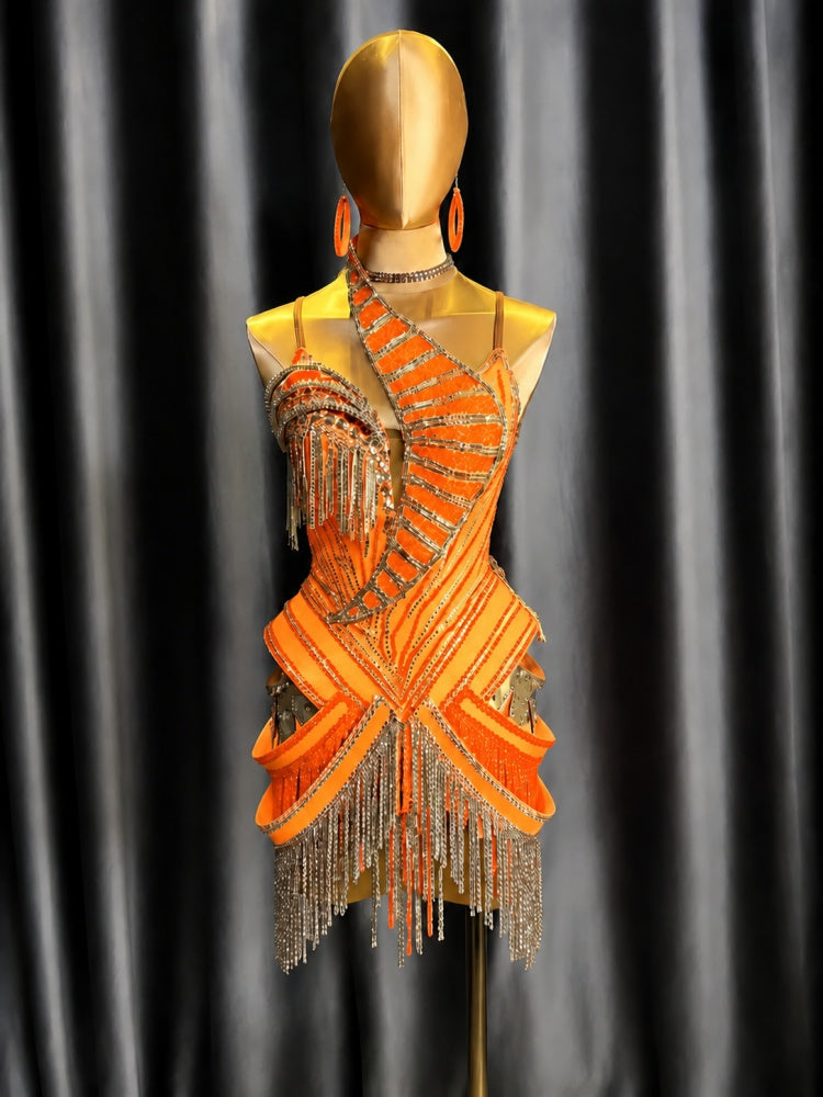 Custom Orange Latin Dance Dress for Competition | Gold Rhinestone Fringe Blackpool Costume