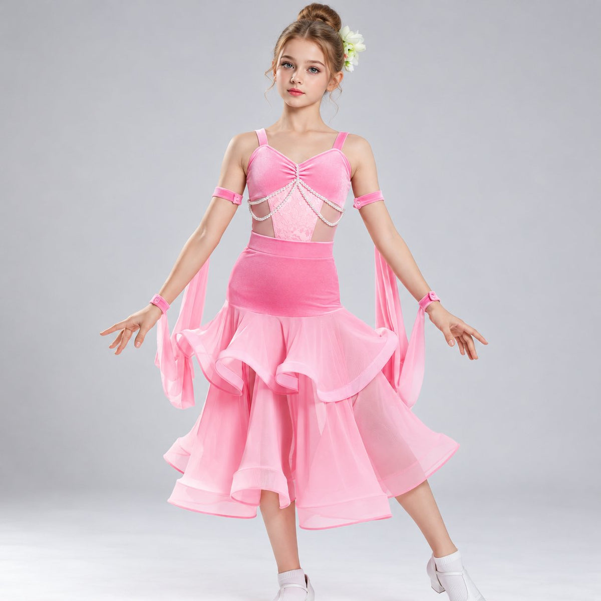 Neon Yellow Pink Ballroom Dance Dress for Girls | Kids Waltz Tango Performance Costume
