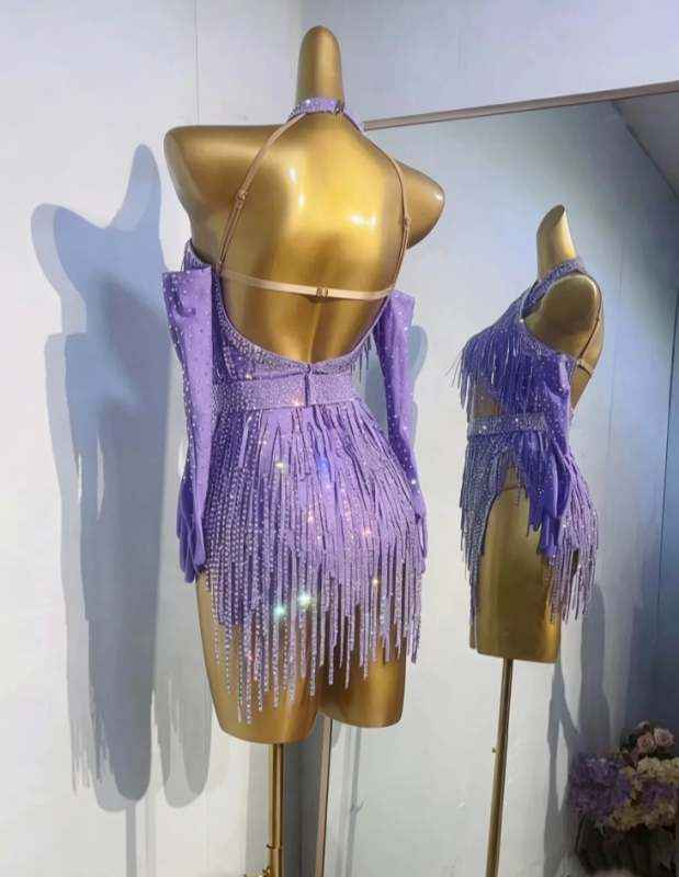 Custom Size Bling Fringe Latin Dance Dress for Women Light Blue Lavender Blackpool Dance Wear