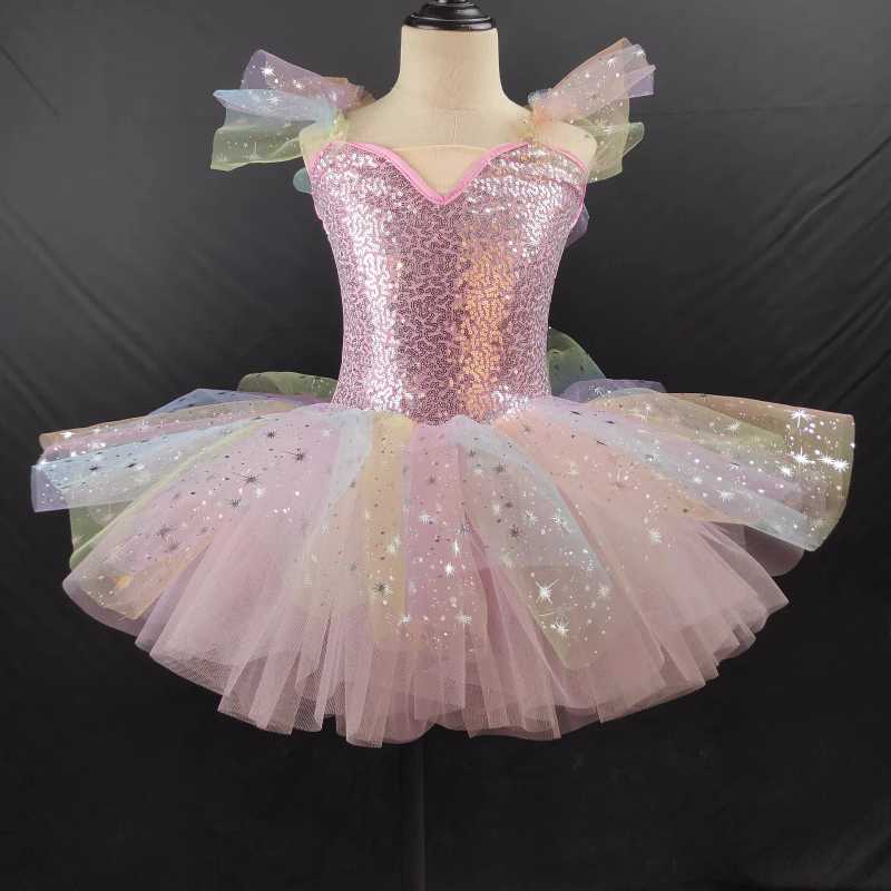 Girls Toddlers Jazz Dance Costumes Yellow Sequins Kindergarten Pink Blue Tutu Skirt Girls Ballerina Ballet Dance Dresses - Moderndancedress.com