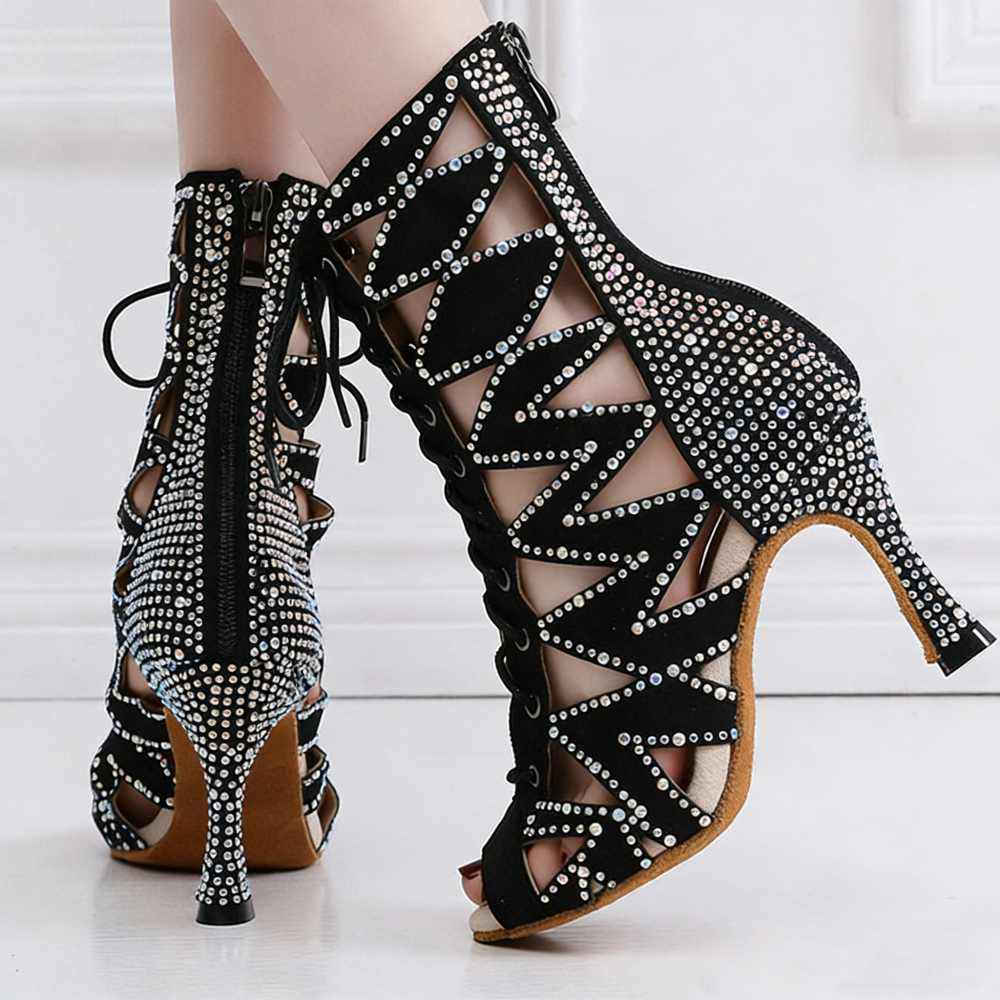 Women Latin Dance Shoes Dark Green Jazz Latin Perform Boots High-top Soft Soles