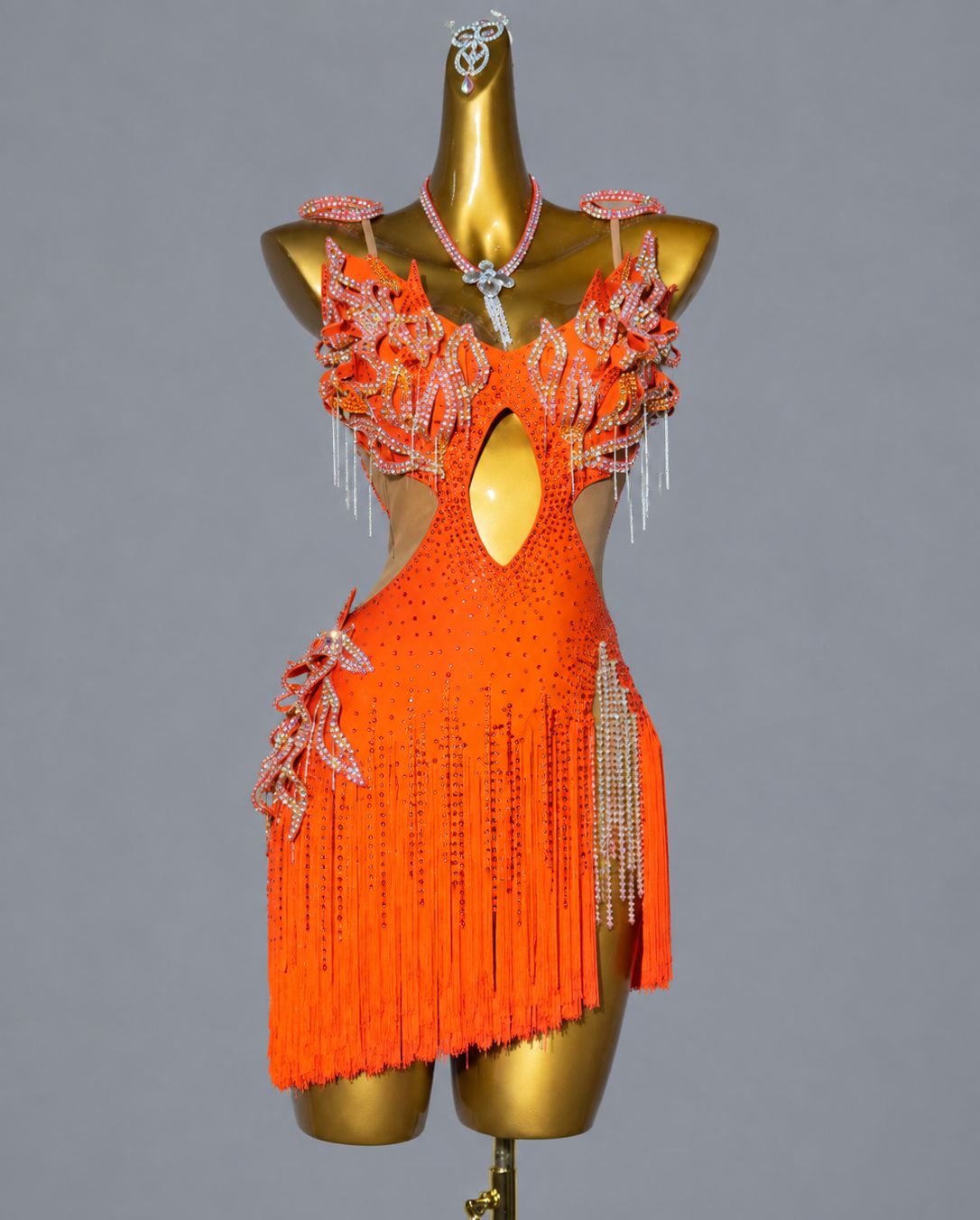 Custom Blue Pink Latin Dance Dress with Crystal Petals Rumba Samba Competition Gown