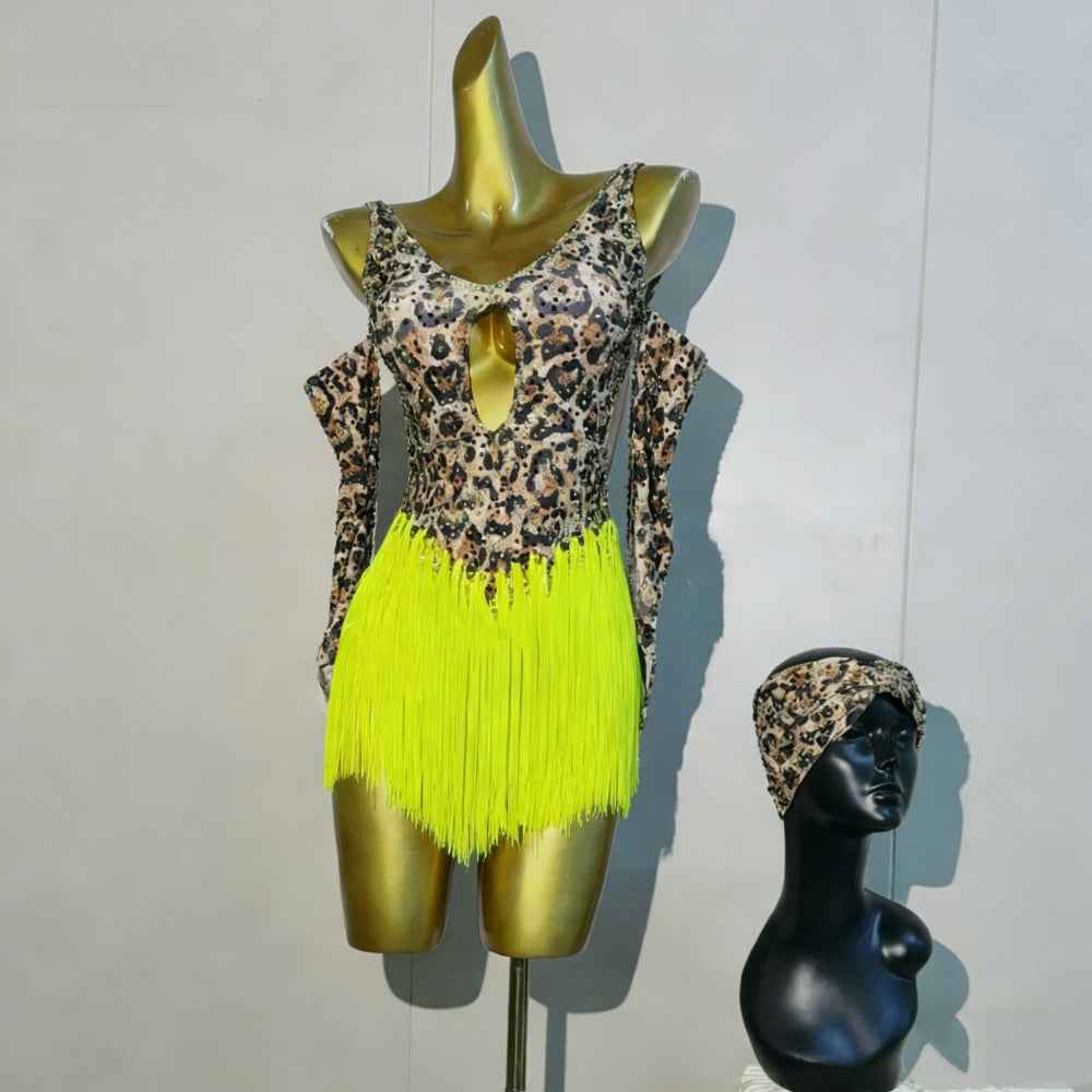 Custom Size Leopard Print Latin Dance Dress Salsa Black Pool Competition Costumes