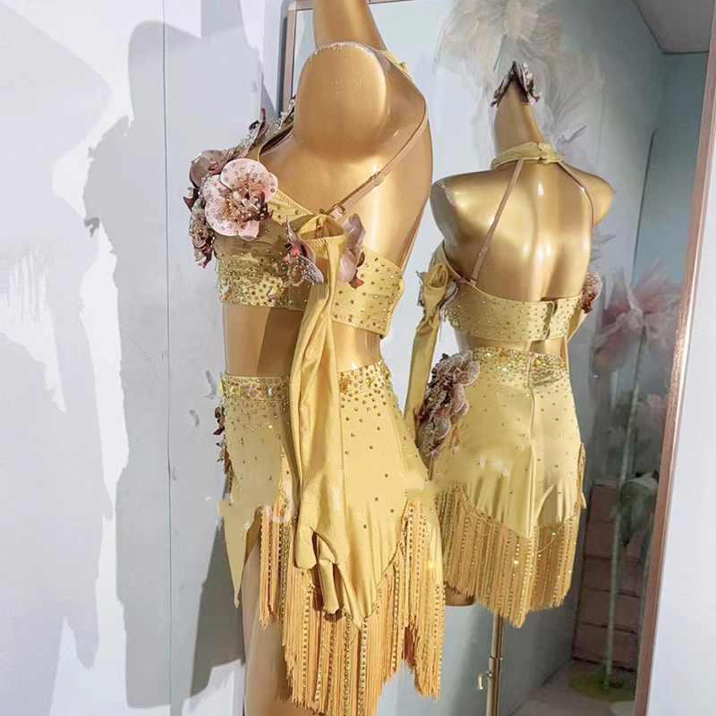 Custom Size Gold Flowers Latin Dance Dresses for Women Girls Salsa Rumba Chacha Solo Competition Costumes