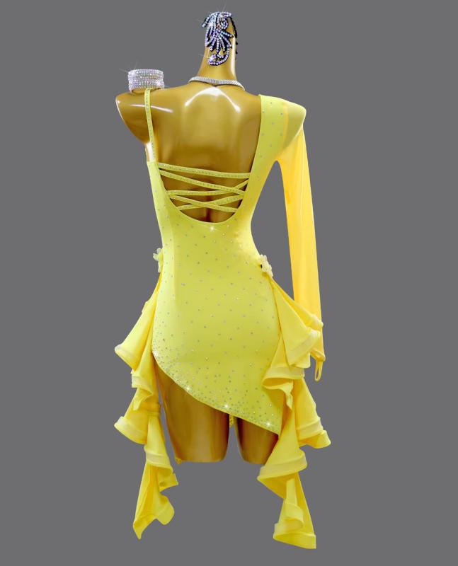 Custom Size Women's Yellow Latin Dance Dress Ruffles One Shoulder Sant Neck Flowers