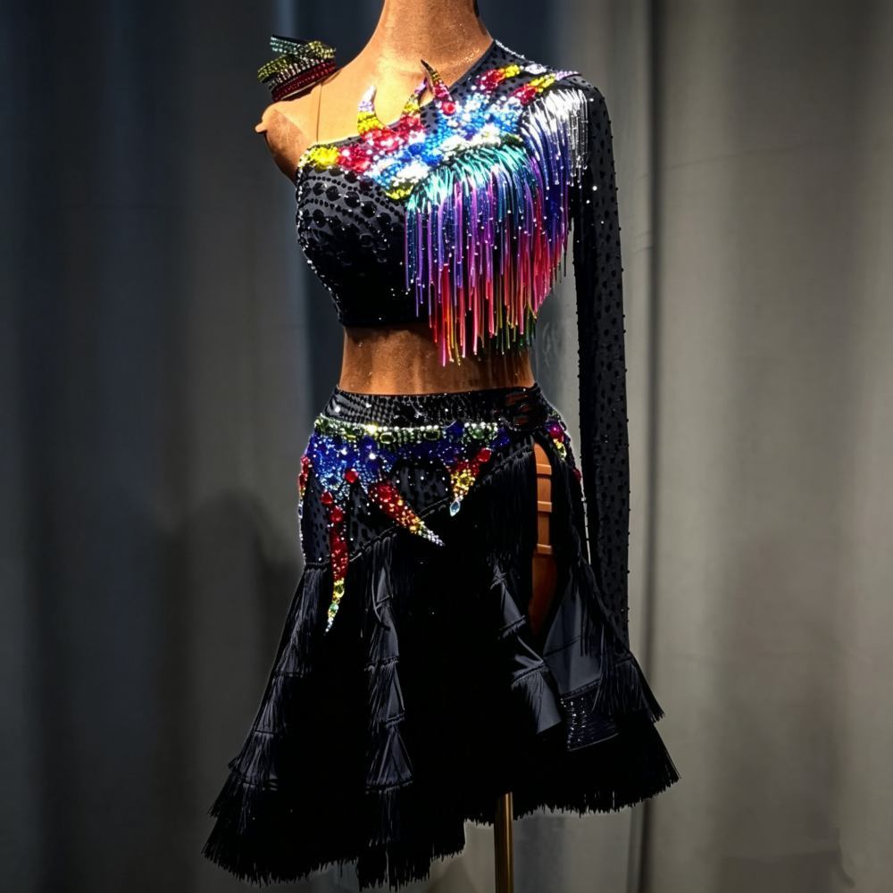Custom Black Latin Dance Dress with Rainbow Fringe | One Shoulder Professional Ballroom Competition Outfit
