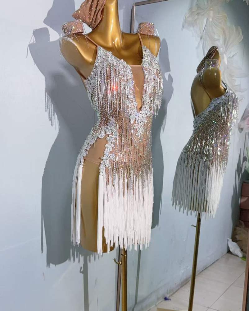Custom Size White Fringe Competition Latin Dance Dresses for Women Salsa Rumba Chacha Latin Dance Costumes