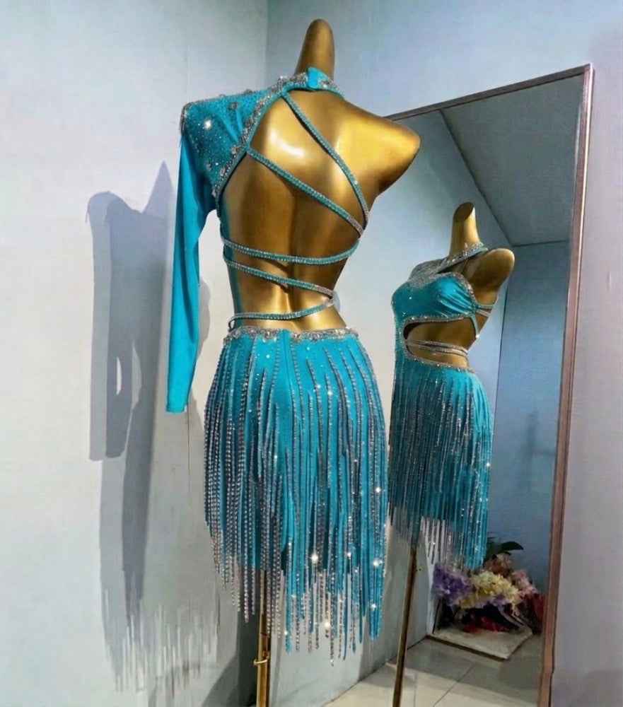 Custom Size Blue One Shoulder Latin Dance Dress with Sparkling Rhinestones