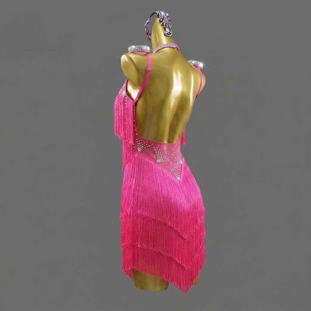 Custom Size Fuchsia Fringe Latin Dance Dress with Spaghetti Straps