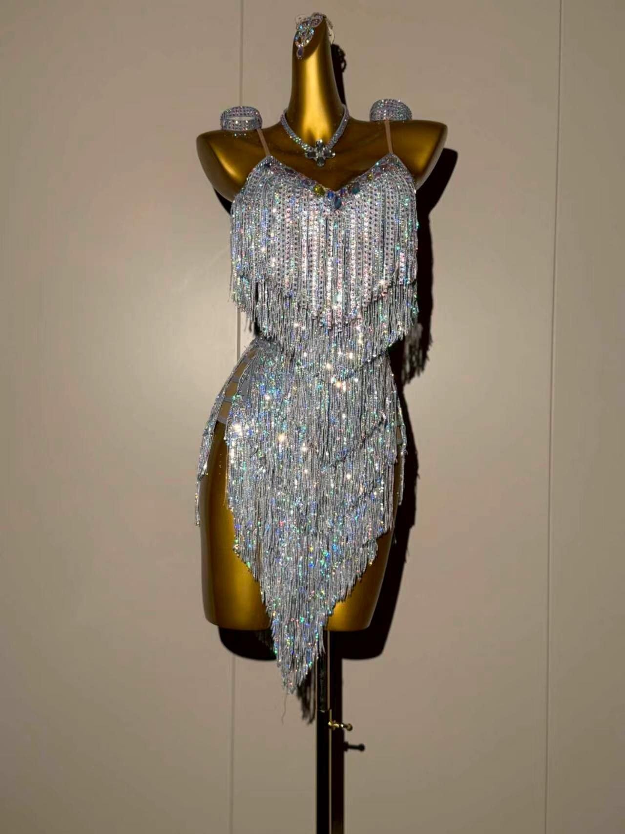 Custom Blue & Purple Sequin Latin Dance Dress Rhinestone Salsa Gown