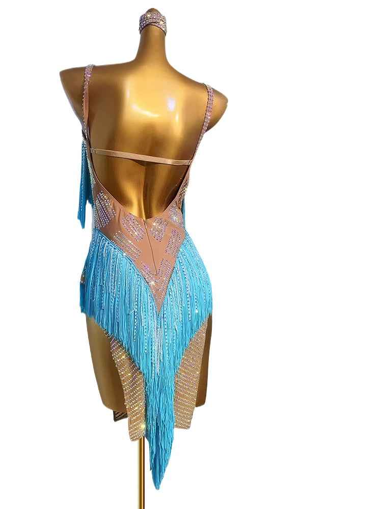 Custom Size Latin Dance Dresses for Women Turquoise Competition Blackpool Art Examination Latin Salsa Costumes