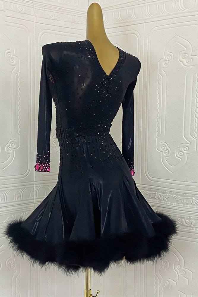 Custom Size Black Feather Women's Latin Dance Dresses Pink Diamond Rumba Chacha Dance Clothes