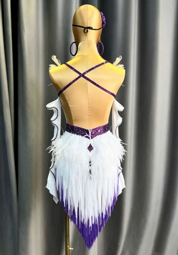 Custom Purple Petals Latin Competition Dress Salsa Blackpool Stage Wear