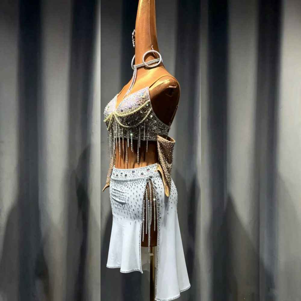 Custom White Two-Piece Latin Dance Dress Crystal Fringe Salsa Blackpool Competition Set