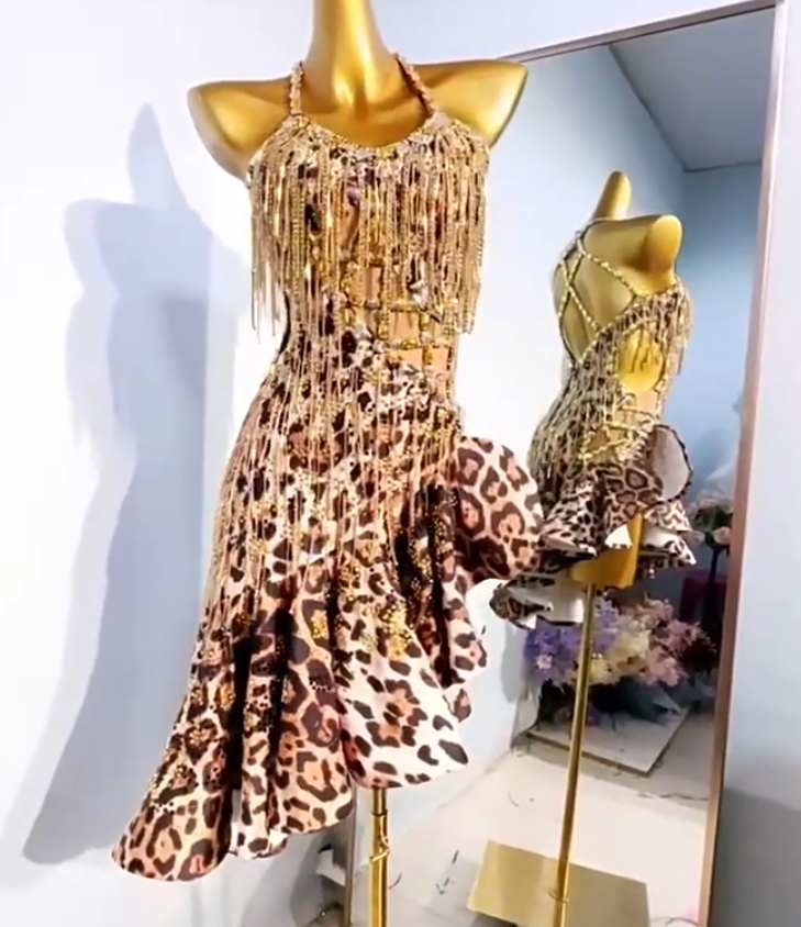 Custom Size Leopard Competition Latin Dance Dresses for Women Girls Salsa Rumba Chacha Dance Wear