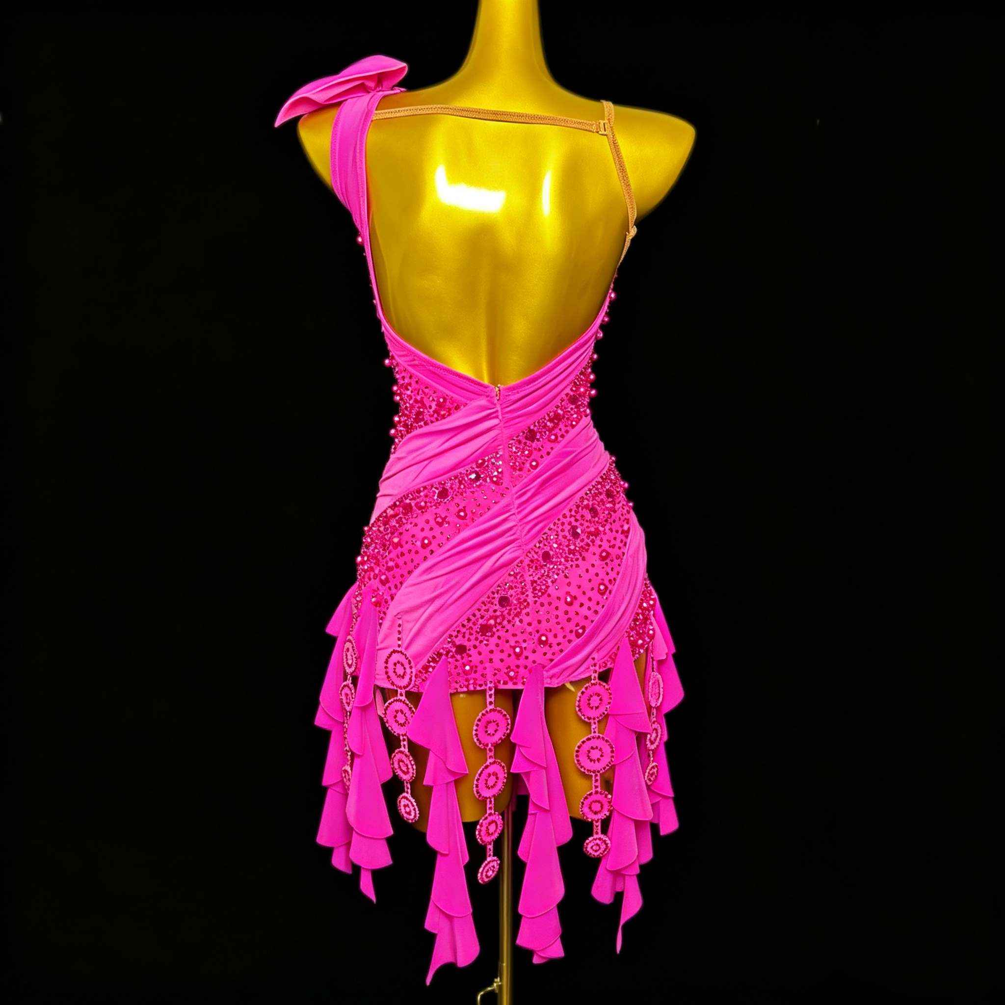 Custom Professional Fuchsia Latin Competition Dress - Blue Crystal Ruffle Gown