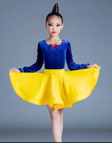 Girls Blue Yellow Velvet Latin Dance Dresses Kids Children Pink Salsa Chacha Rumba Practice Clothes Modern Dance Outfits - Moderndancedress.com