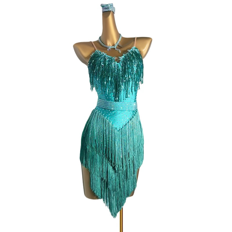 Custom Size Blue Latin Dance Dresses for Women Girls Fringe Bling Salsa Rumba Chacha Latin Dance Costumes