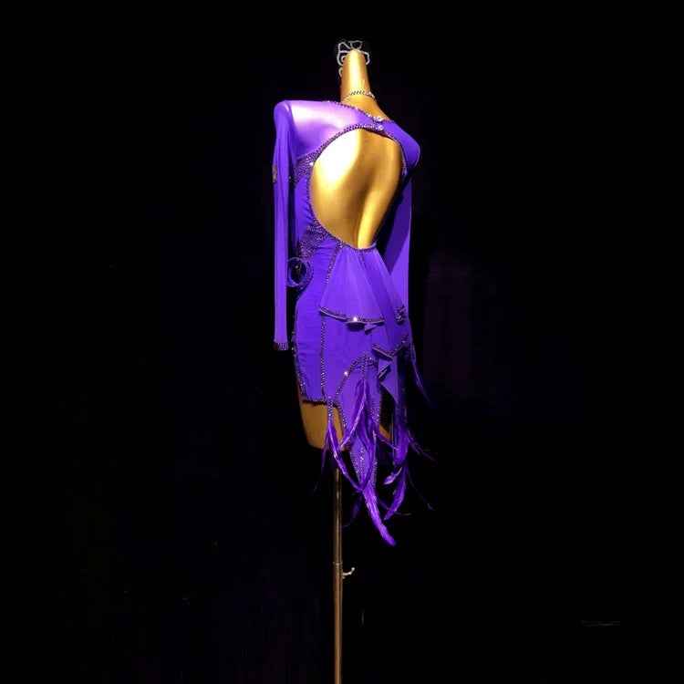 Custom Size Violet Feather Competition Latin Dance Dress Salsa Rumba Chacha Blackpool Dancing Wear