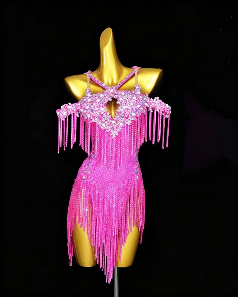 Custom Fuchsia Flowers Competition Latin Dance Dress for Women Girls Salsa Ballroom Chacha Dance Costume