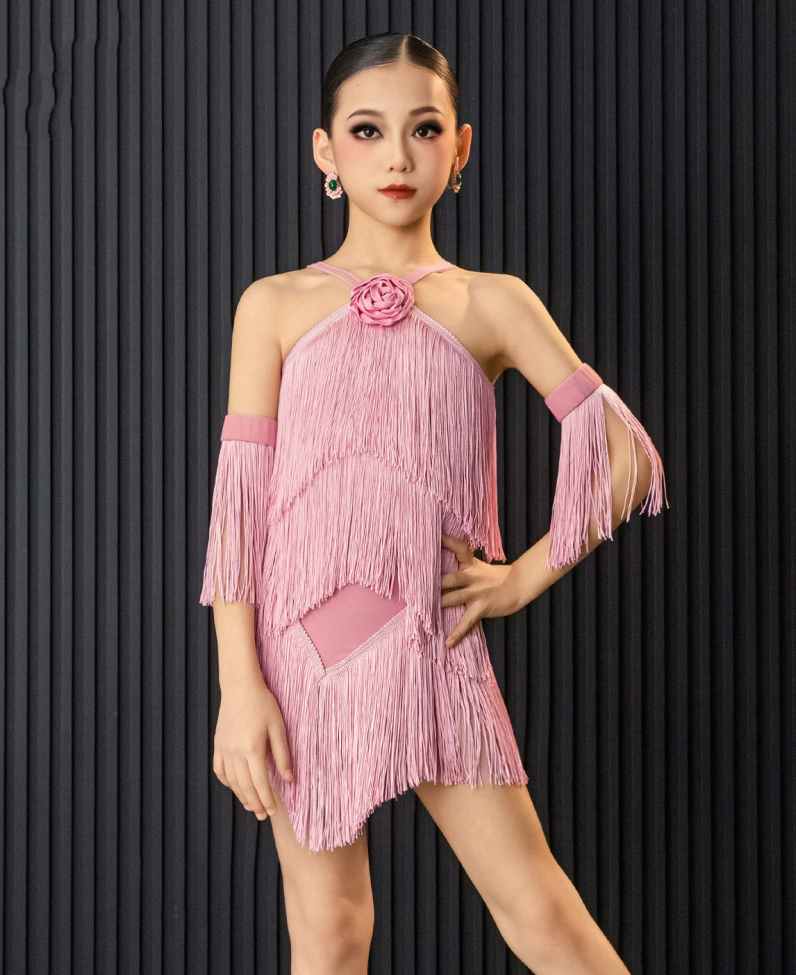 Girls Latin Dress Red Pink Fringe Flowers Haler Neck Salsa Ballroom Performance Clothes