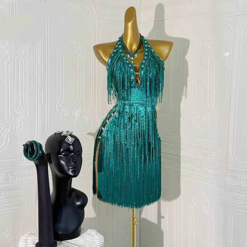 Custom Size Latin Dance Dresses Blue Green Fringed Salsa Rumba Blackpool Solo Dance Costumes