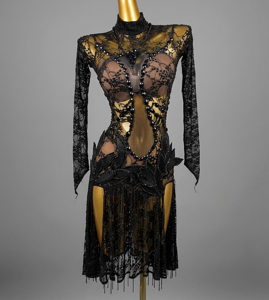 Custom Black Lace Latin Dance Dress for Competition Long Sleeves