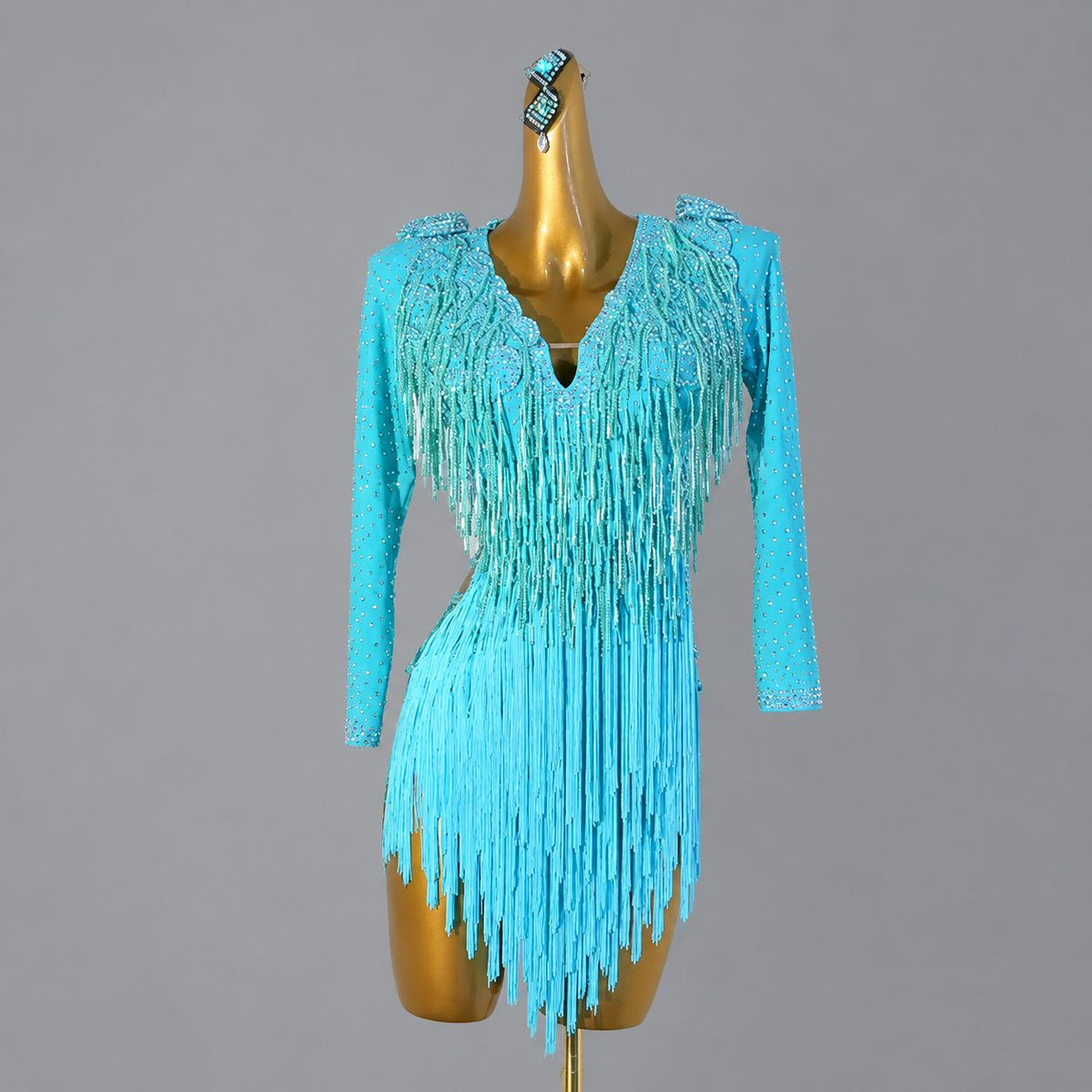 Custom Size Latin Dance Dresses Turquoise Bling Fringe Competition Blackpool Latin Salsa Competition Costumes