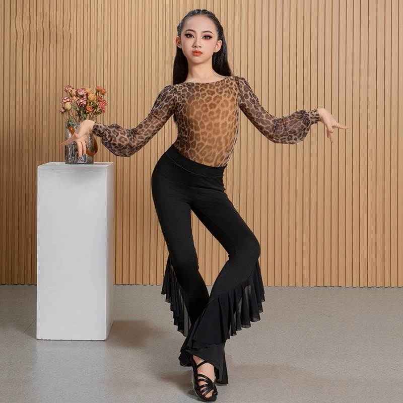 Girls Latin Dance Costumes Kids Leopard Ruffles Salsa Rumba Chacha Performance Clothes Tops and Pants