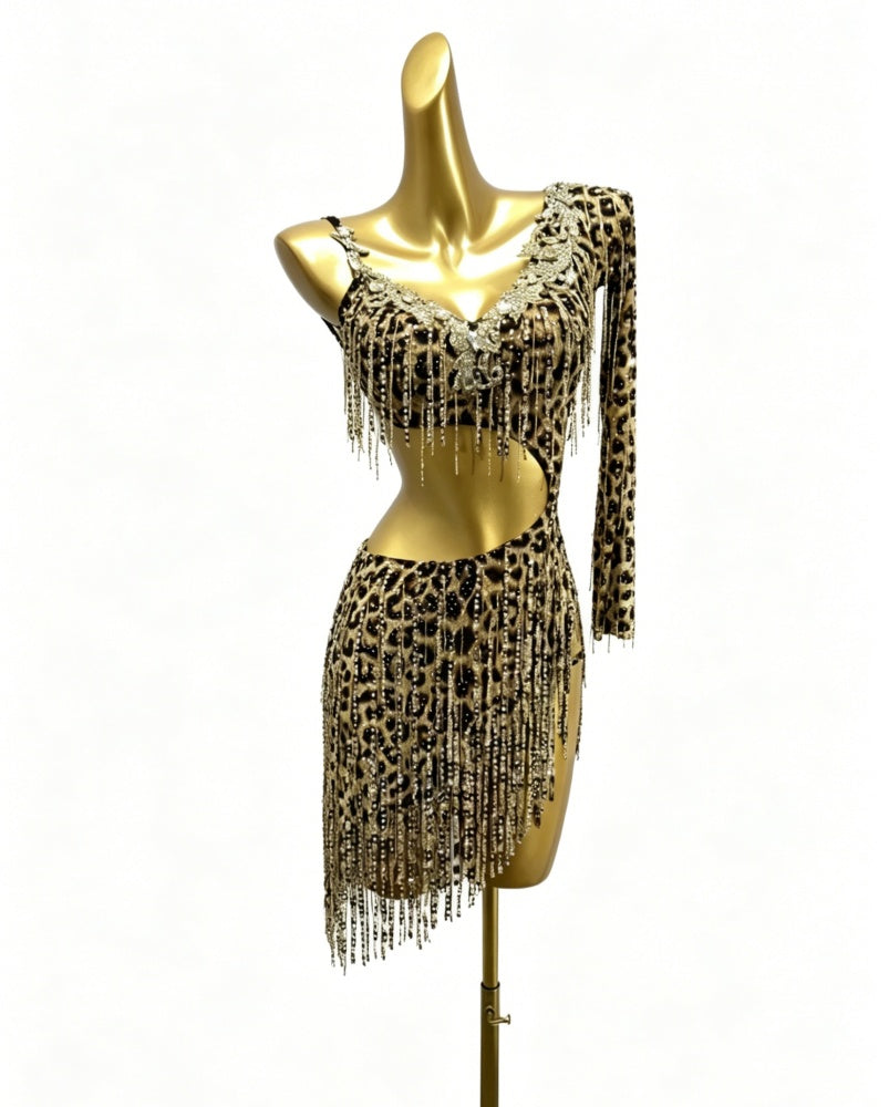 Custom Size Leopard Bling Latin Dance Dress Fringe Salsa Chacha Blackpool Competition Clothing