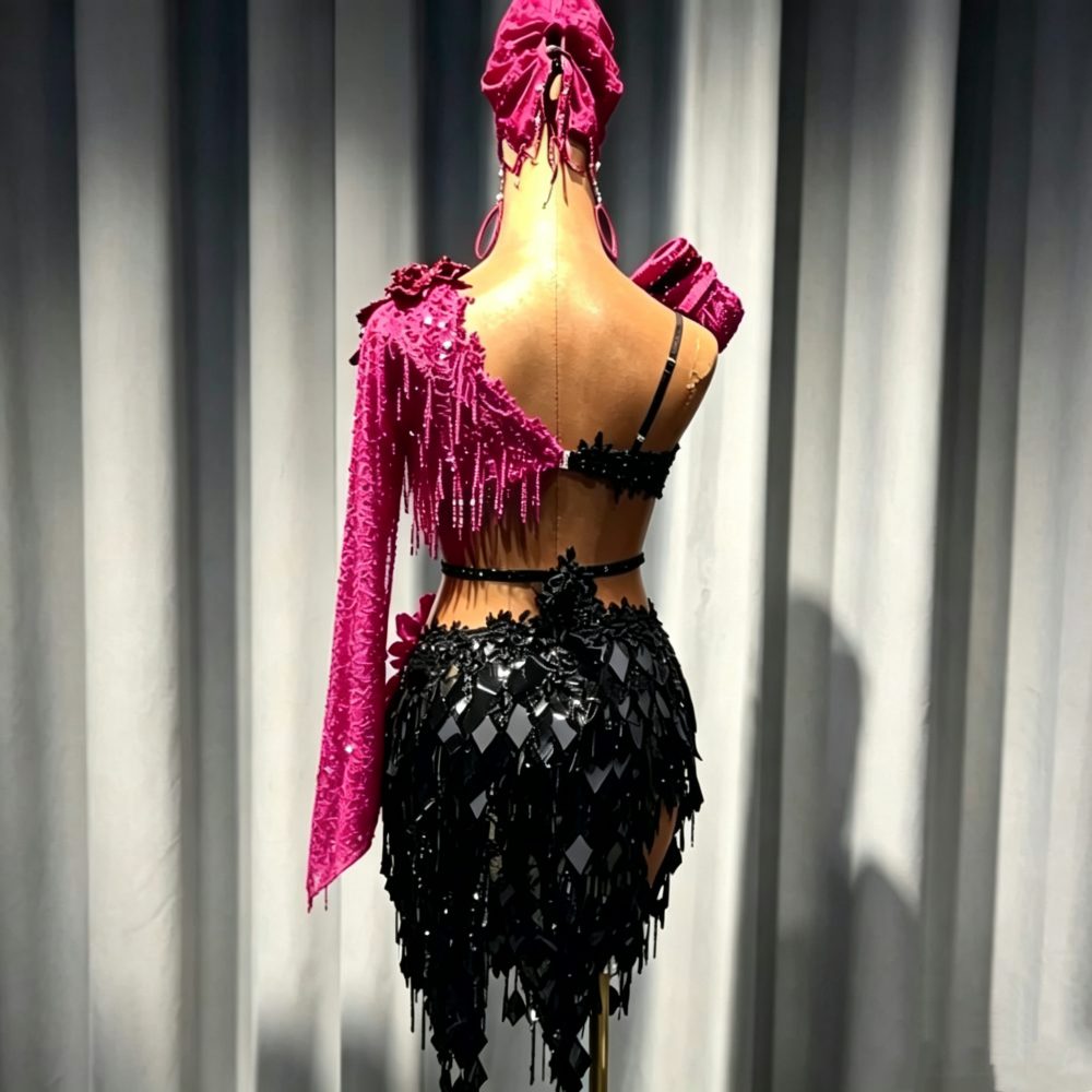 Custom Red & Black Lace Latin Dance Dress - Professional Paso Doble Costume