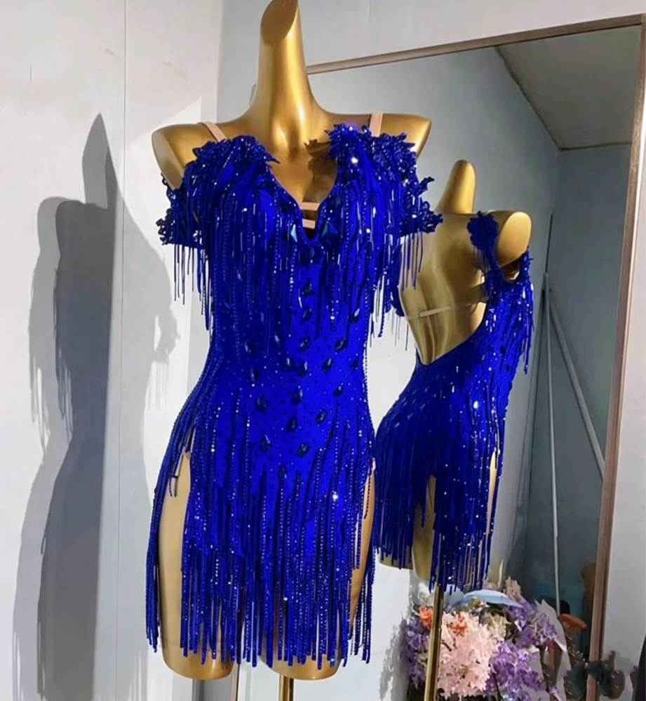Custom Royal Blue Aqua Competition Latin Dance Dress Blackpool  Rumba Chacha Dancing Costume