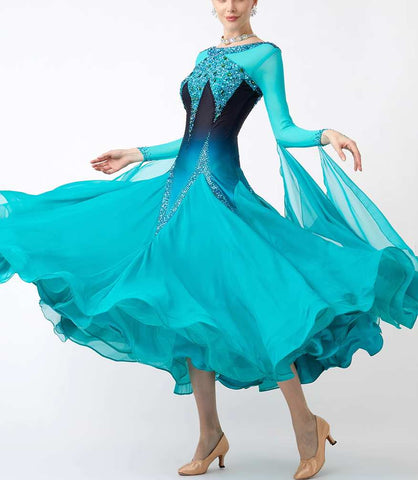 Custom Size Turquoise Blue Gradient Competition Ballroom Dance Dresses for Women Tango Waltz Dancing Gown