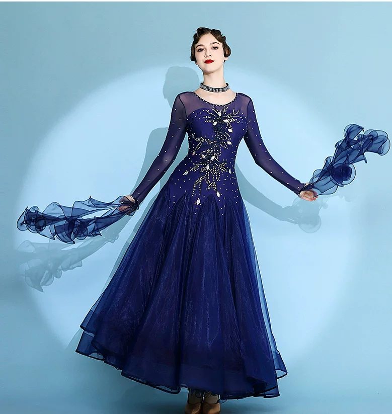 Navy Ballroom Competition Dress with Rhinestones & Floats Waltz Rhythm Dance Gown